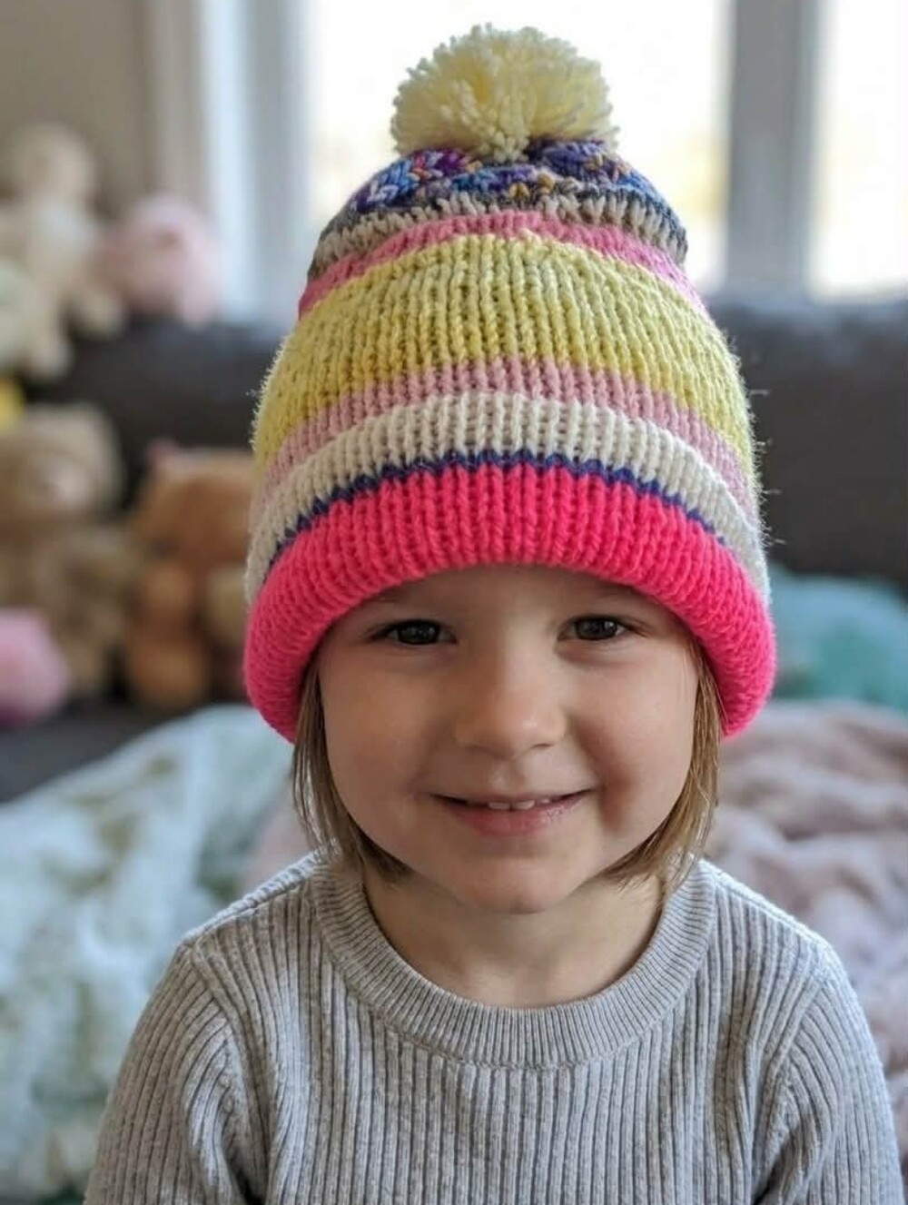 Kids Striped Pom-Pom Beanie Hat - Pink, Yellow & White NWT